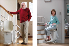 a lady and a man with a curved stairlift
